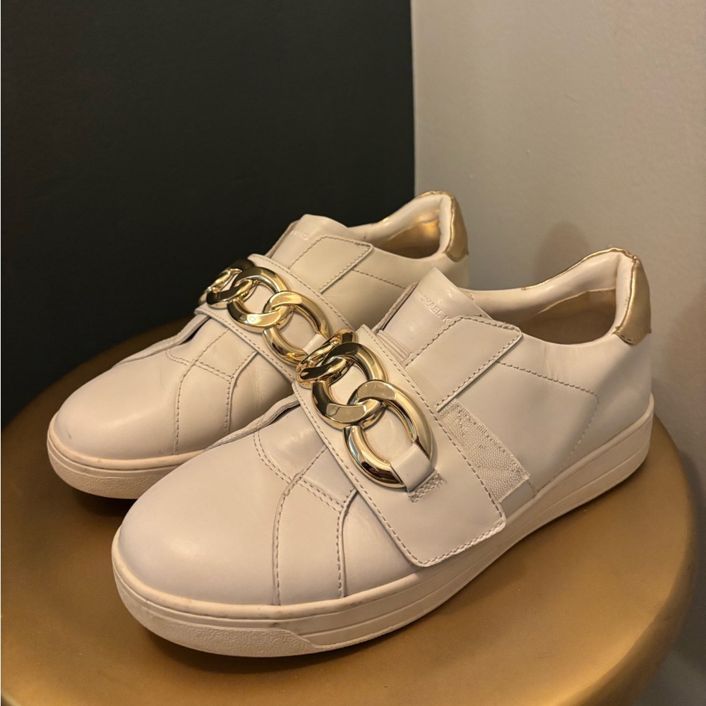 Michael Kors White and Gold Sneakers with Metallic Buckle